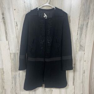 Sigrid Olson 100% Wool Black Sequin Embroidered Coat size‎ 6 Collar